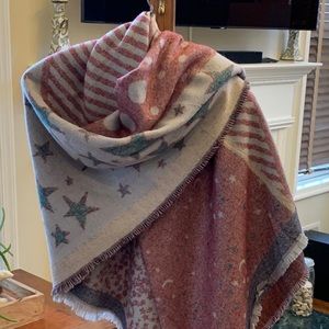 Cozy Blanket Scarf in Muted Jewel Tones, Stars and Stripes Theme | Sz 56” x 58”